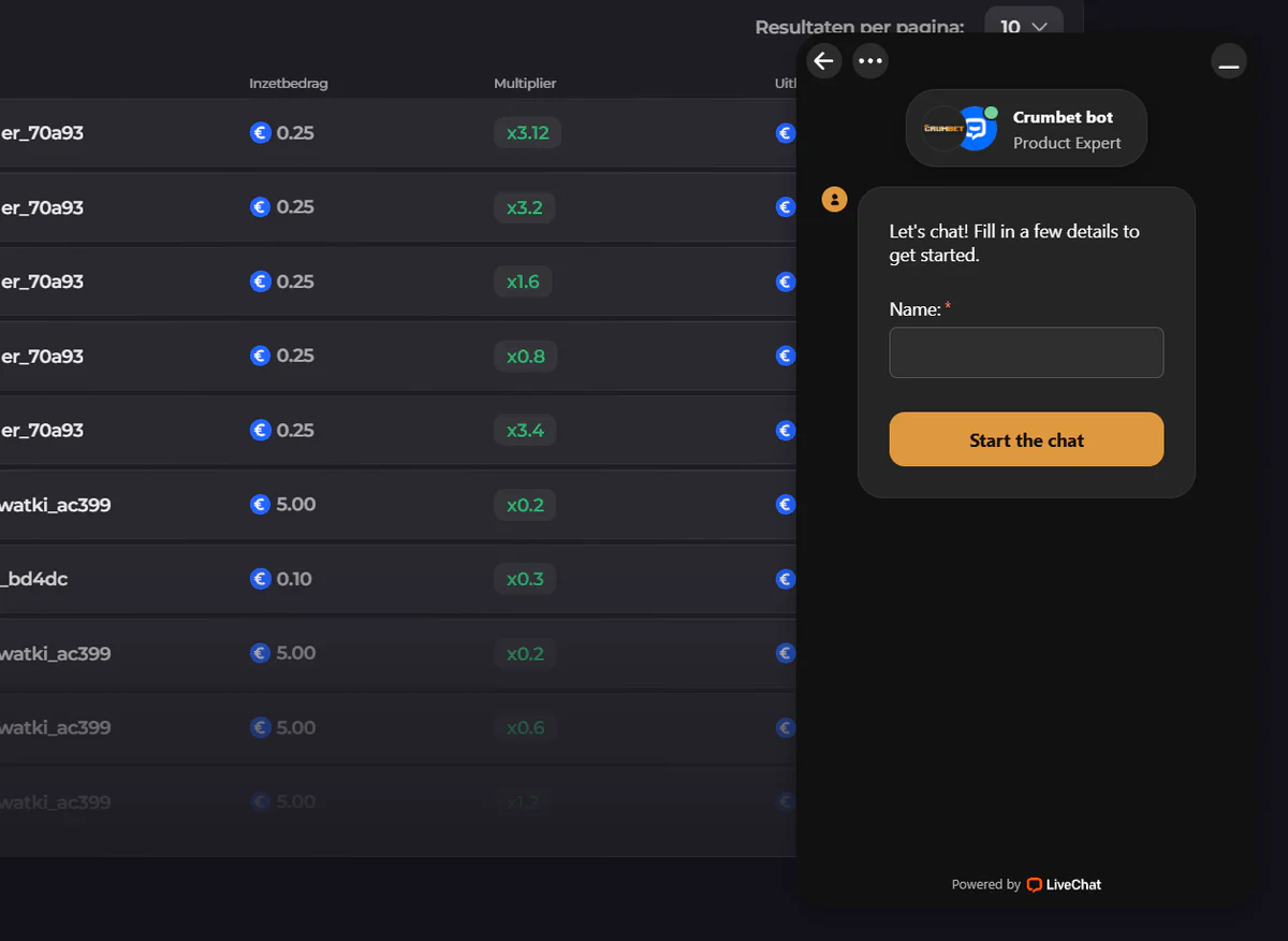 Crumbet Casino klantenservice met livechat en formulier om contact op te nemen