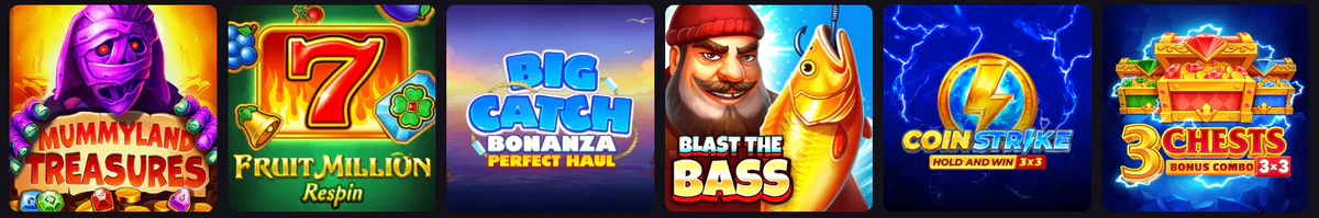 Crumbet Casino selectie van slots met Mummyland Treasures, Fruit Million Respin, Big Catch Bonanza, Blast the Bass en Coin Strike